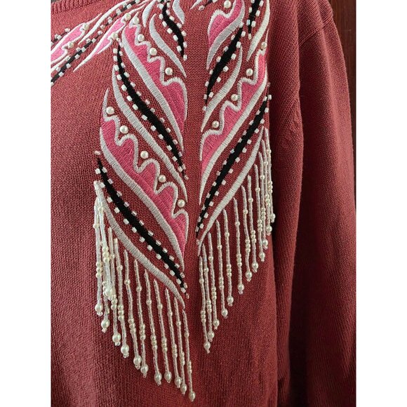 Bob Mackie Wearable Art Embellished Sweater M Red Beaded Long Sleeve - Picture 2 of 6